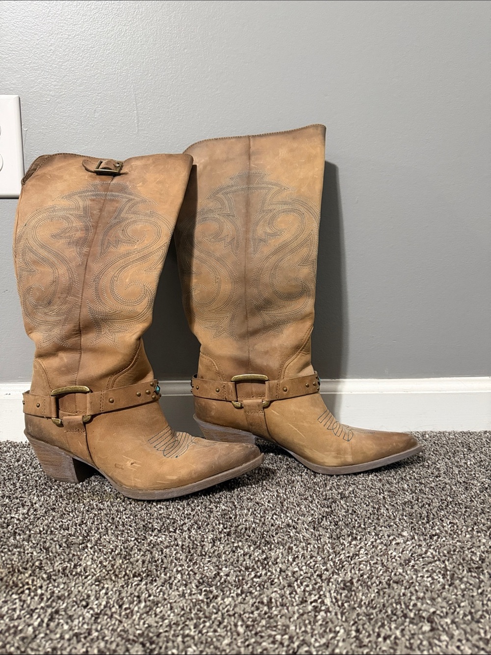 Reba Tan Western Harness Mid-Calf Heeled Boots